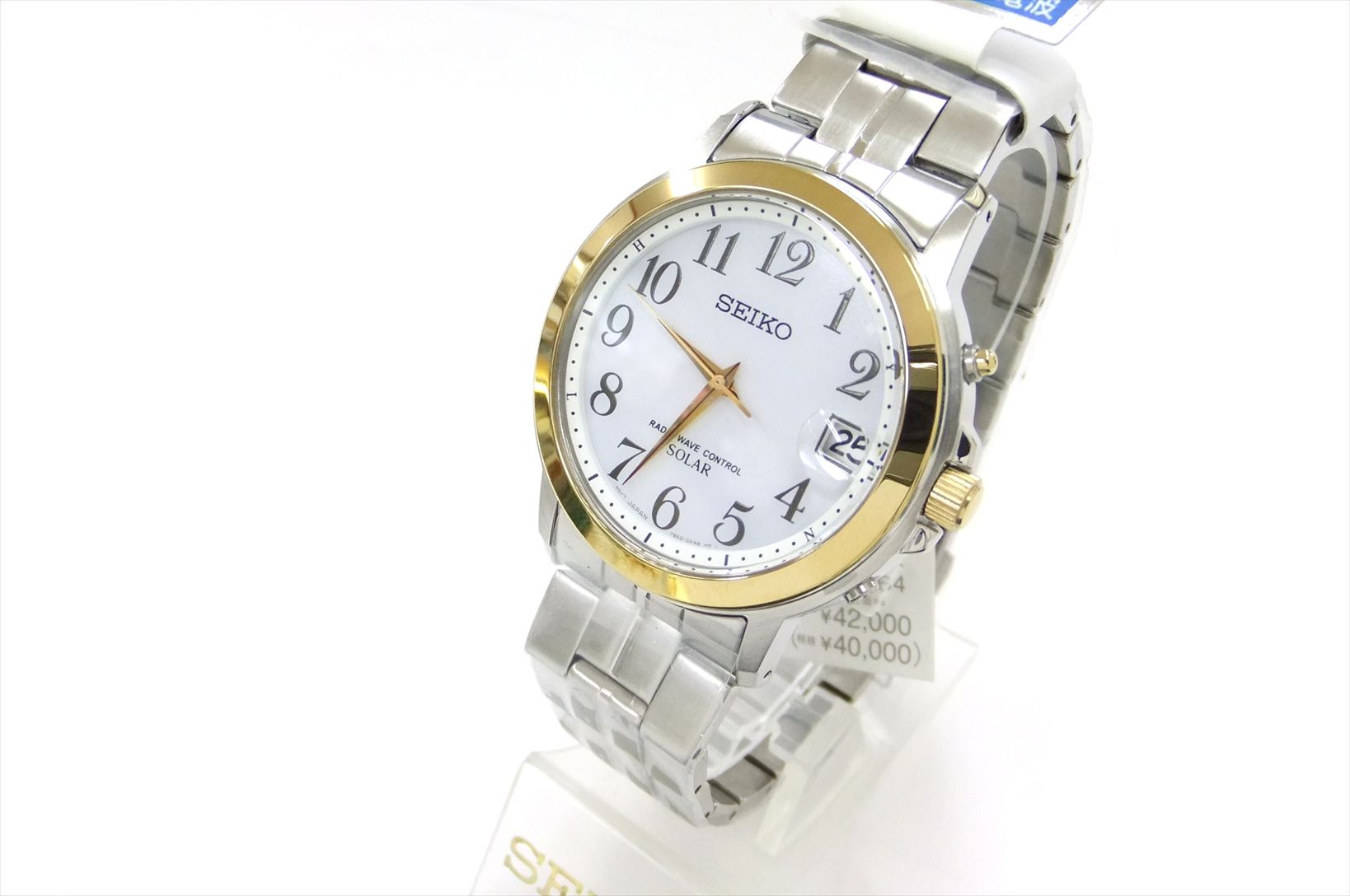 【訳あり・格安】SEIKO SPIRIT セイコー スピリット ソーラー電波 メンズ腕時計 アラビア数字 ゴールドベゼル SBTM164