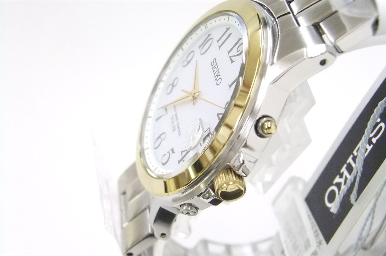 【訳あり・格安】SEIKO SPIRIT セイコー スピリット ソーラー電波 メンズ腕時計 アラビア数字 ゴールドベゼル SBTM164